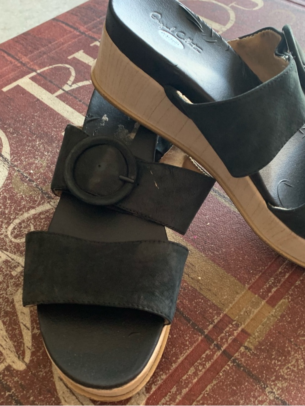 Dr. Scholl's Black Platform Slide Sandals with Round Buckle